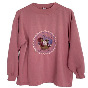Vintage 90s Flower Embroidered Mockneck Pullover Floral Pink Sweatshirt Small